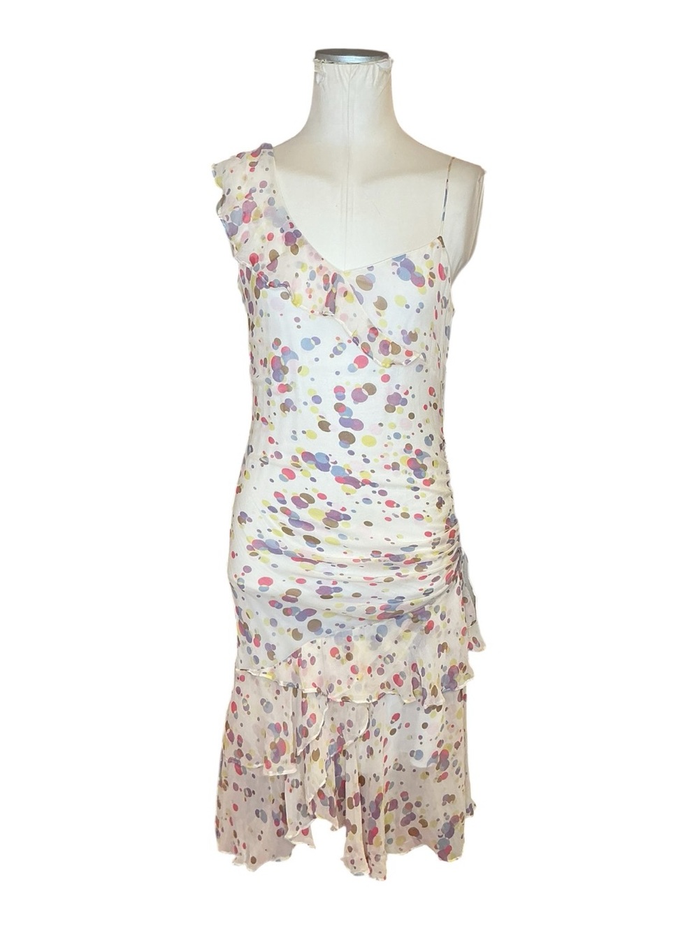 Y2K Silk Rainbow Dots Ruched Ruffle Fairy Dress Size Small